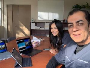 Eye care staff behind desk